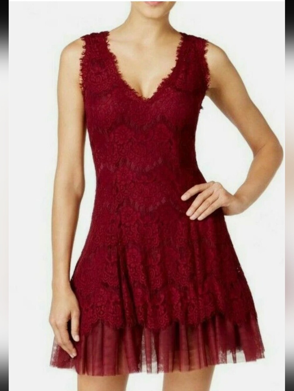 Betsy & Adam Wine Lace Overlay Tulle Fit & Flare Party Dress Size 4 Merlot